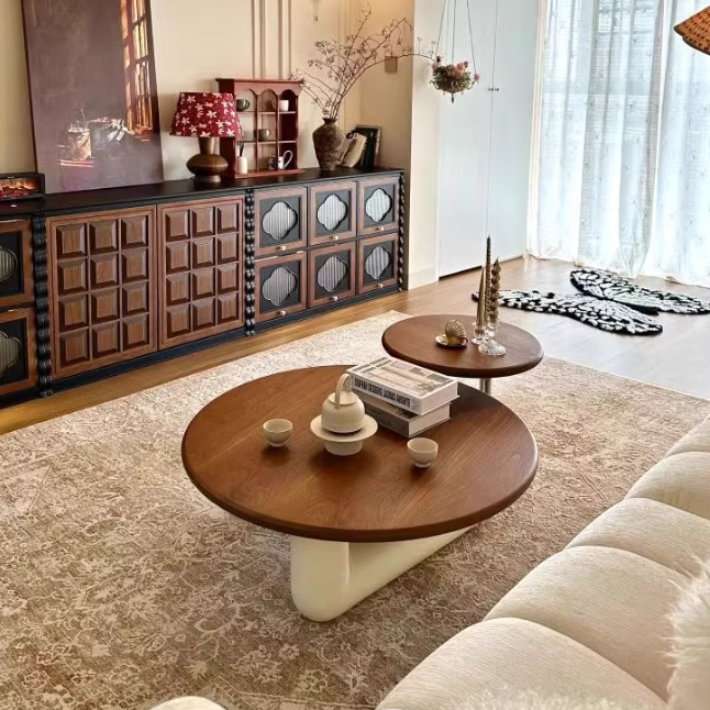 Contemporary Creative Pine Wood Stainless Steel MDF Round Cylindrical Coffee Table 1-Tier For Living Room