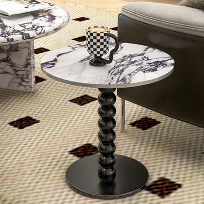 Traditional French Marble Stone Slab Rubber Wood Round Beaded Side Table With 1-Tier For Living Room