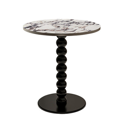 Traditional French Marble Stone Slab Rubber Wood Round Beaded Side Table With 1-Tier For Living Room