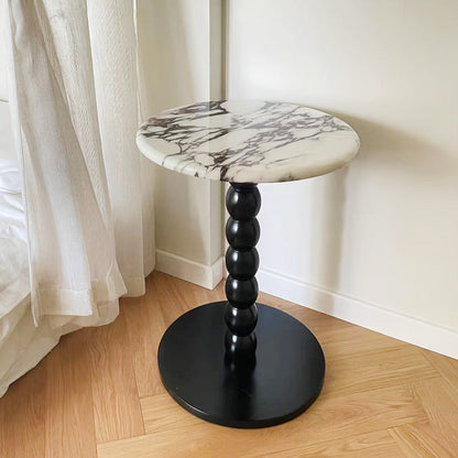 Traditional French Marble Stone Slab Rubber Wood Round Beaded Side Table With 1-Tier For Living Room