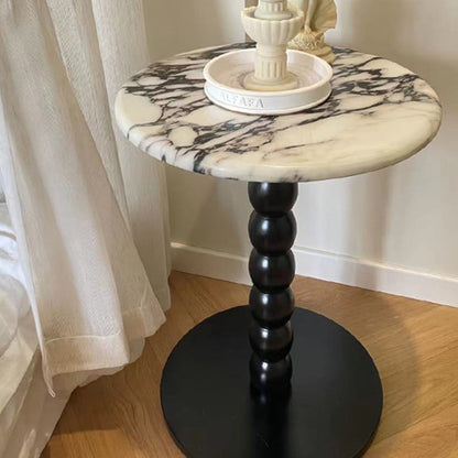 Traditional French Marble Stone Slab Rubber Wood Round Beaded Side Table With 1-Tier For Living Room
