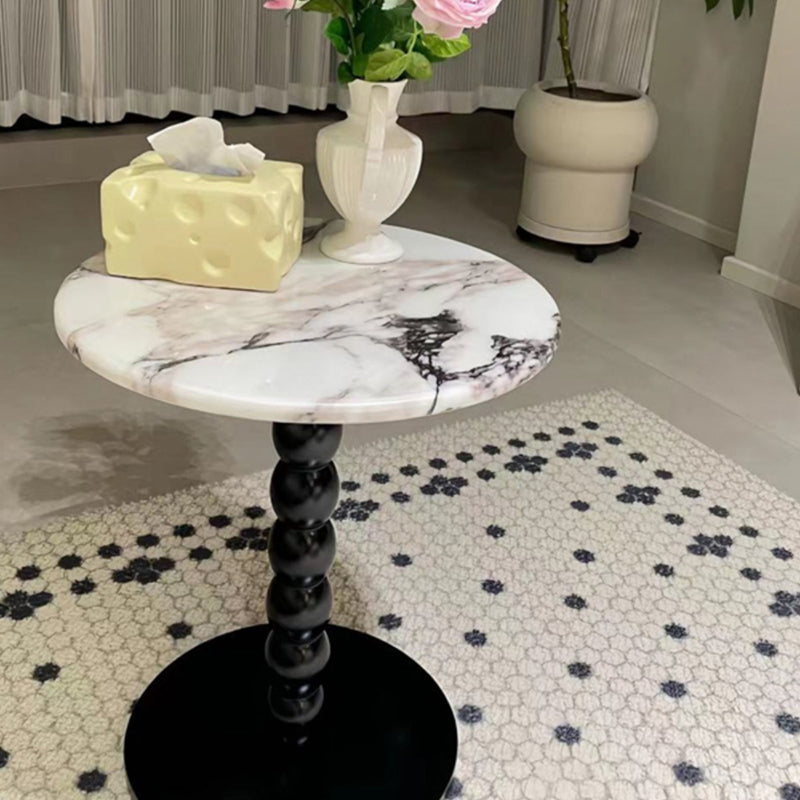 Traditional French Marble Stone Slab Rubber Wood Round Beaded Side Table With 1-Tier For Living Room