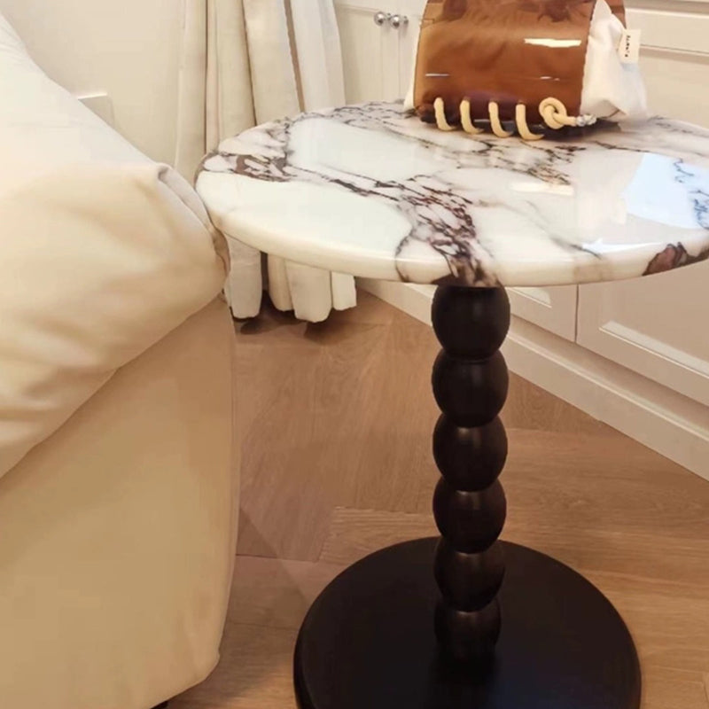 Traditional French Marble Stone Slab Rubber Wood Round Beaded Side Table With 1-Tier For Living Room