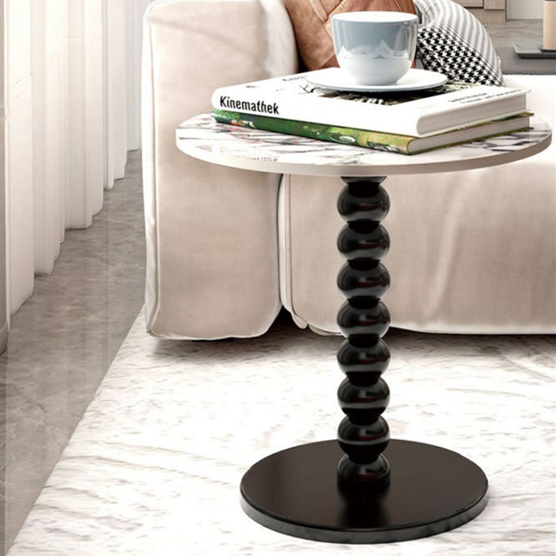 Traditional French Marble Stone Slab Rubber Wood Round Beaded Side Table With 1-Tier For Living Room