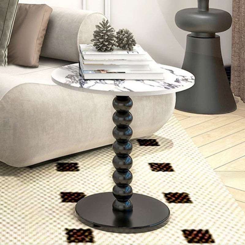 Traditional French Marble Stone Slab Rubber Wood Round Beaded Side Table With 1-Tier For Living Room