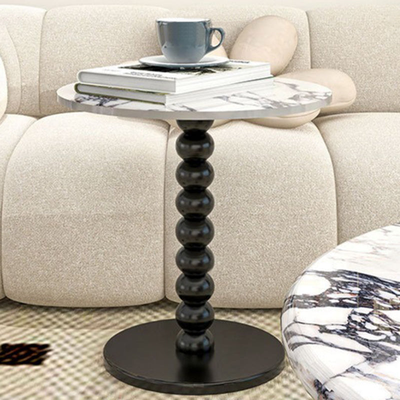 Traditional French Marble Stone Slab Rubber Wood Round Beaded Side Table With 1-Tier For Living Room