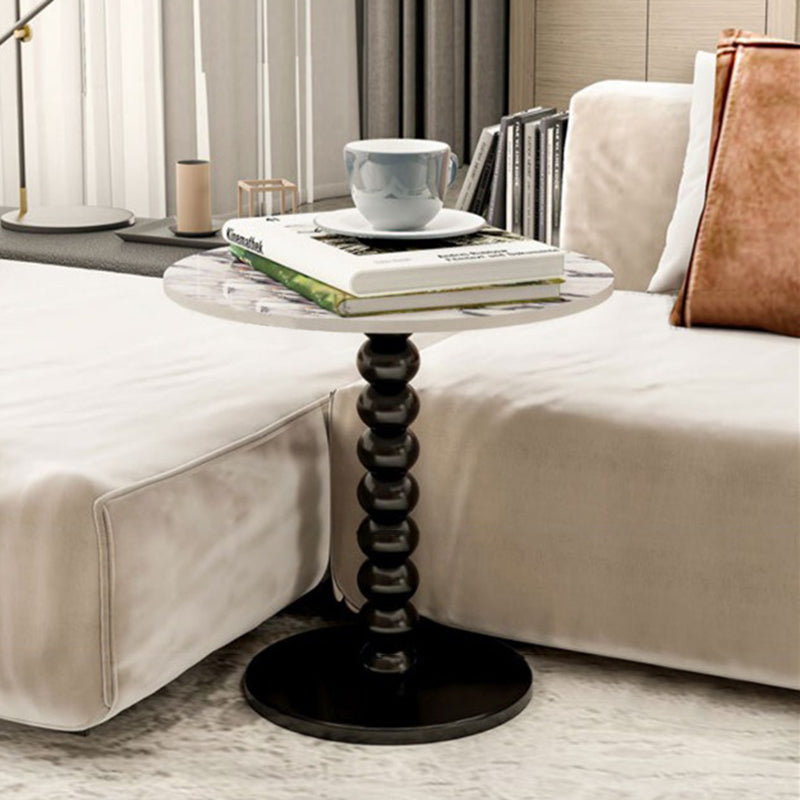 Traditional French Marble Stone Slab Rubber Wood Round Beaded Side Table With 1-Tier For Living Room