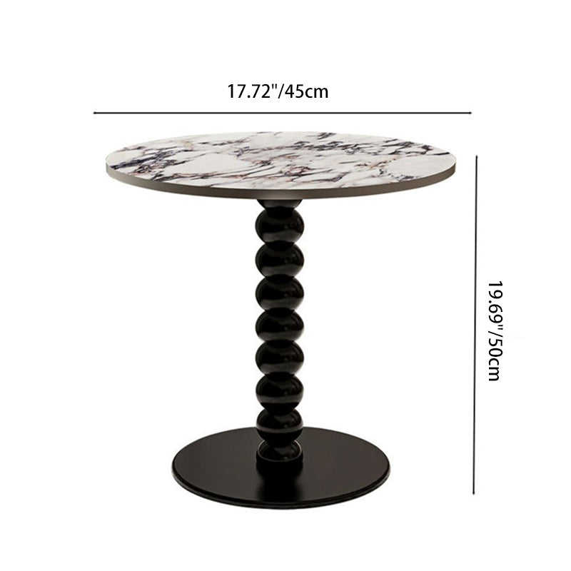 Traditional French Marble Stone Slab Rubber Wood Round Beaded Side Table With 1-Tier For Living Room