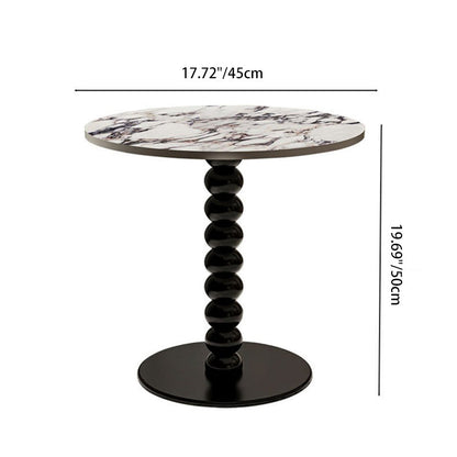 Traditional French Marble Stone Slab Rubber Wood Round Beaded Side Table With 1-Tier For Living Room