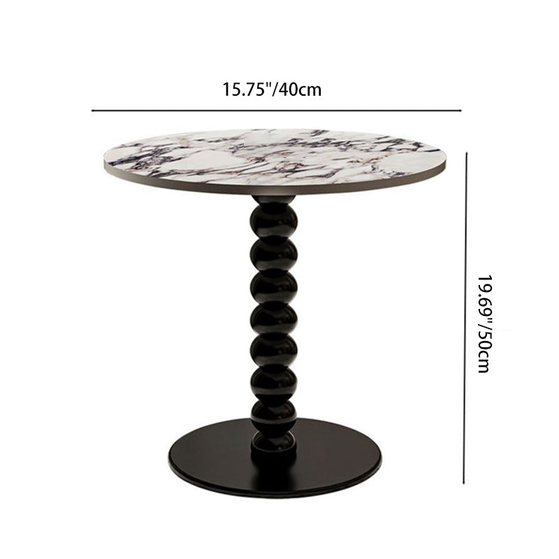 Traditional French Marble Stone Slab Rubber Wood Round Beaded Side Table With 1-Tier For Living Room
