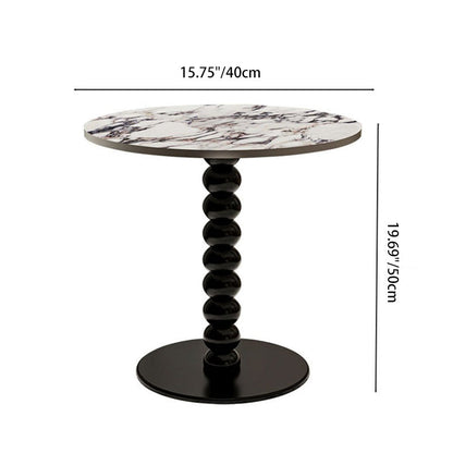 Traditional French Marble Stone Slab Rubber Wood Round Beaded Side Table With 1-Tier For Living Room