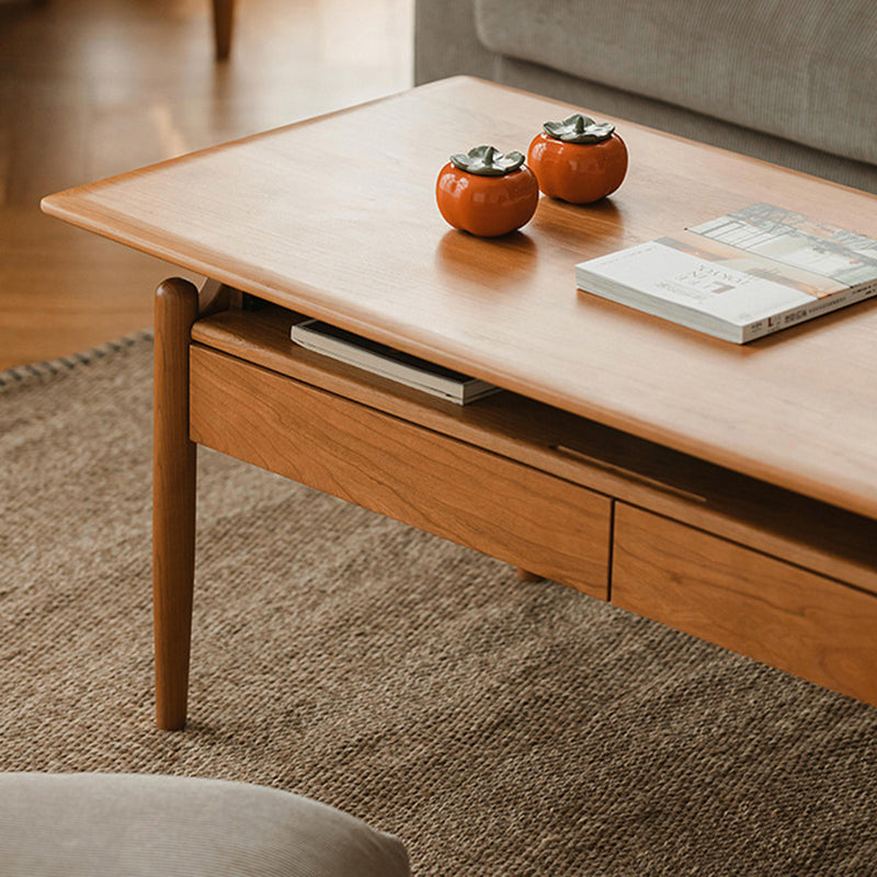 Traditional Chinese Cherry Wood Solid Wood Multi-Layer Board Rectangular Cylindrical Coffee Table With 2 Drawers For Living Room