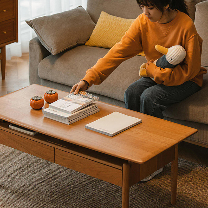 Traditional Chinese Cherry Wood Solid Wood Multi-Layer Board Rectangular Cylindrical Coffee Table With 2 Drawers For Living Room