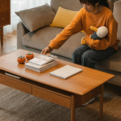 Traditional Chinese Cherry Wood Solid Wood Multi-Layer Board Rectangular Cylindrical Coffee Table With 2 Drawers For Living Room