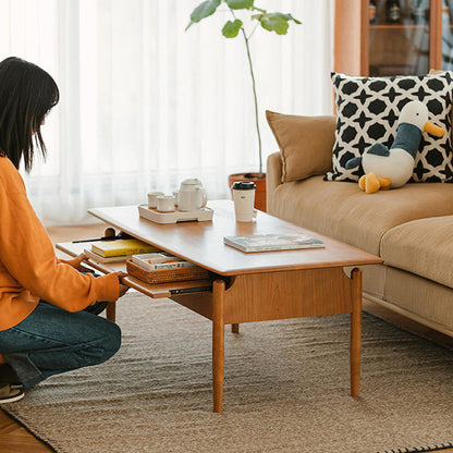 Traditional Chinese Cherry Wood Solid Wood Multi-Layer Board Rectangular Cylindrical Coffee Table With 2 Drawers For Living Room