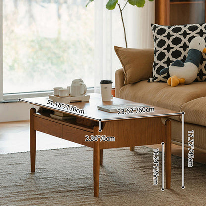 Traditional Chinese Cherry Wood Solid Wood Multi-Layer Board Rectangular Cylindrical Coffee Table With 2 Drawers For Living Room
