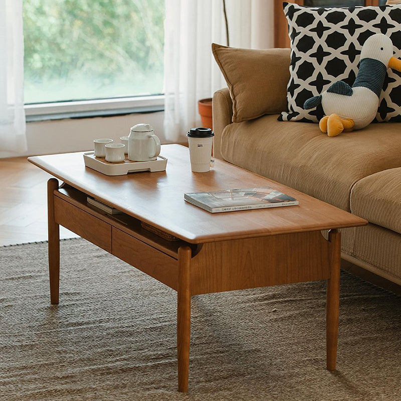 Traditional Chinese Cherry Wood Solid Wood Multi-Layer Board Rectangular Cylindrical Coffee Table With 2 Drawers For Living Room