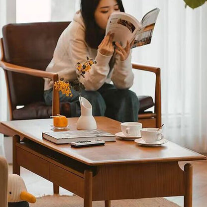 Traditional Chinese Cherry Wood Solid Wood Multi-Layer Board Rectangular Cylindrical Coffee Table With 2 Drawers For Living Room