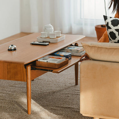 Traditional Chinese Cherry Wood Solid Wood Multi-Layer Board Rectangular Cylindrical Coffee Table With 2 Drawers For Living Room