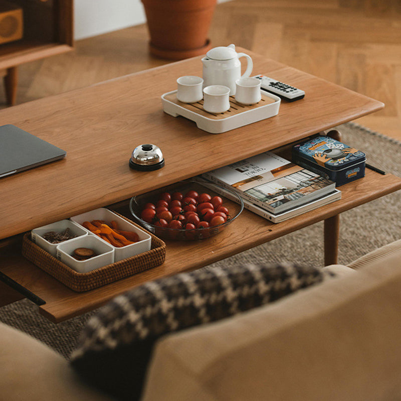 Traditional Chinese Cherry Wood Solid Wood Multi-Layer Board Rectangular Cylindrical Coffee Table With 2 Drawers For Living Room