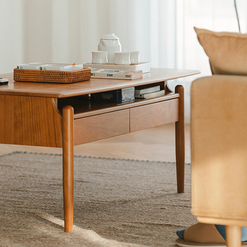 Traditional Chinese Cherry Wood Solid Wood Multi-Layer Board Rectangular Cylindrical Coffee Table With 2 Drawers For Living Room