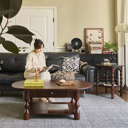 Traditional French Pine Wood Oval Tapered Coffee Table 2-Tier For Living Room