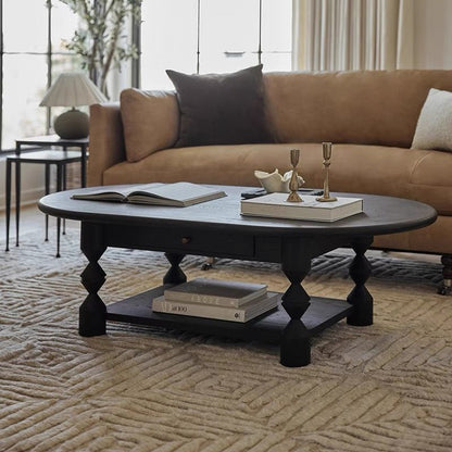 Traditional French Pine Wood Oval Tapered Coffee Table 2-Tier For Living Room
