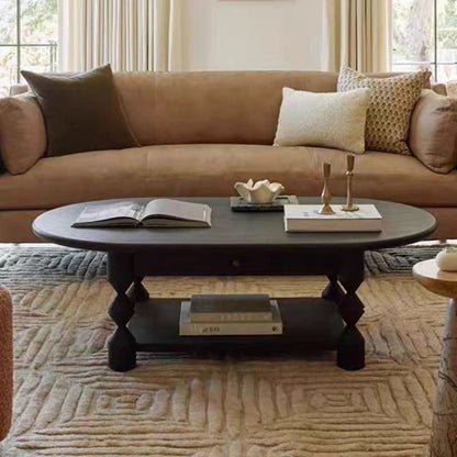Traditional French Pine Wood Oval Tapered Coffee Table 2-Tier For Living Room