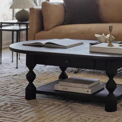 Traditional French Pine Wood Oval Tapered Coffee Table 2-Tier For Living Room