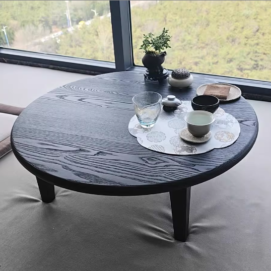Traditional Japanese Ash Wood Round Coffee Table 1-Tier For Living Room