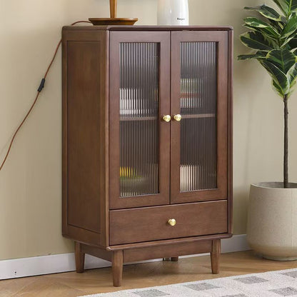 Traditional Chinese Oak Wood Glass Rectangular Storage Cabinet 2-Tier For Living Room