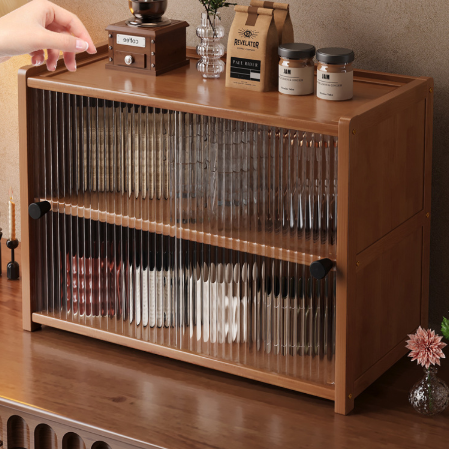 Traditional Vintage Bamboo Acrylic Rectangular Textured Storage Cabinet With 1/2/3 Tier For Living Room