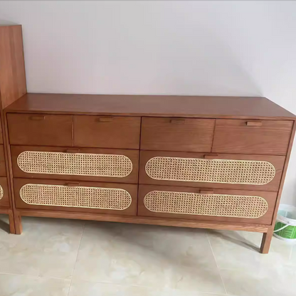 Traditional Chinese Ash Wood Solid Wood Multi-Layer Board Woven Rattan Rectangular Storage Cabinet 5/8 Drawers For Living Room