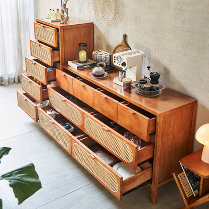 Traditional Chinese Ash Wood Solid Wood Multi-Layer Board Woven Rattan Rectangular Storage Cabinet 5/8 Drawers For Living Room