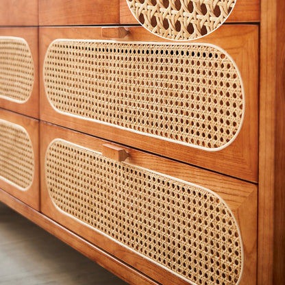 Traditional Chinese Ash Wood Solid Wood Multi-Layer Board Woven Rattan Rectangular Storage Cabinet 5/8 Drawers For Living Room