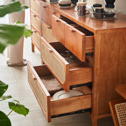 Traditional Chinese Ash Wood Solid Wood Multi-Layer Board Woven Rattan Rectangular Storage Cabinet 5/8 Drawers For Living Room