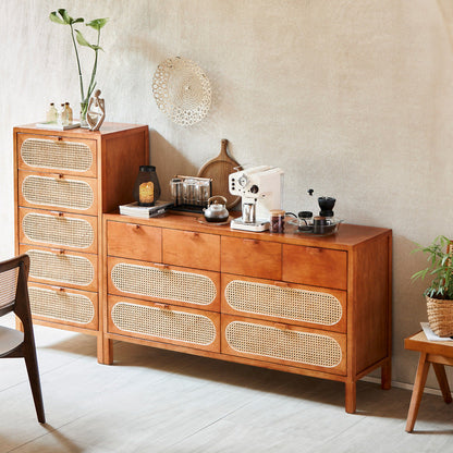 Traditional Chinese Ash Wood Solid Wood Multi-Layer Board Woven Rattan Rectangular Storage Cabinet 5/8 Drawers For Living Room