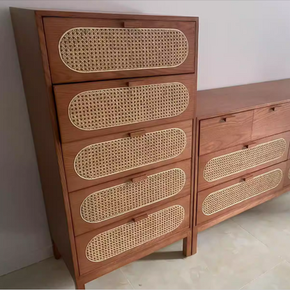 Traditional Chinese Ash Wood Solid Wood Multi-Layer Board Woven Rattan Rectangular Storage Cabinet 5/8 Drawers For Living Room