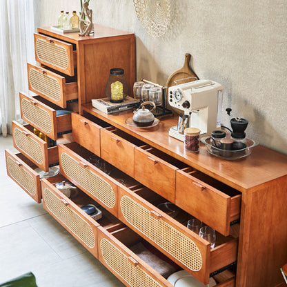 Traditional Chinese Ash Wood Solid Wood Multi-Layer Board Woven Rattan Rectangular Storage Cabinet 5/8 Drawers For Living Room