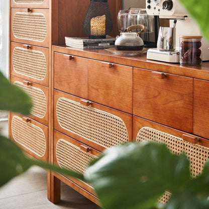 Traditional Chinese Ash Wood Solid Wood Multi-Layer Board Woven Rattan Rectangular Storage Cabinet 5/8 Drawers For Living Room