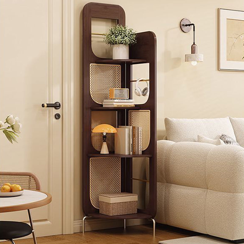Traditional Chinese Bamboo Rattan Stainless Steel Right Angle Square Arched Storage Shelf 4-Tier For Living Room