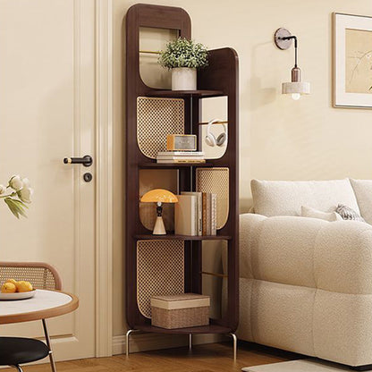 Traditional Chinese Bamboo Rattan Stainless Steel Right Angle Square Arched Storage Shelf 4-Tier For Living Room