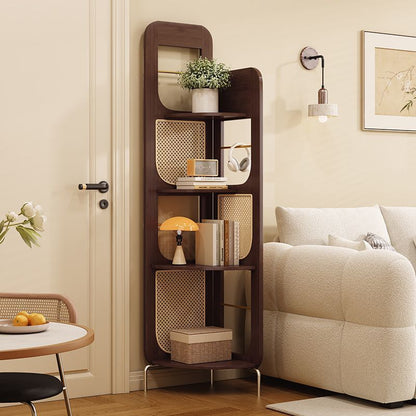 Traditional Chinese Bamboo Rattan Stainless Steel Right Angle Square Arched Storage Shelf 4-Tier For Living Room