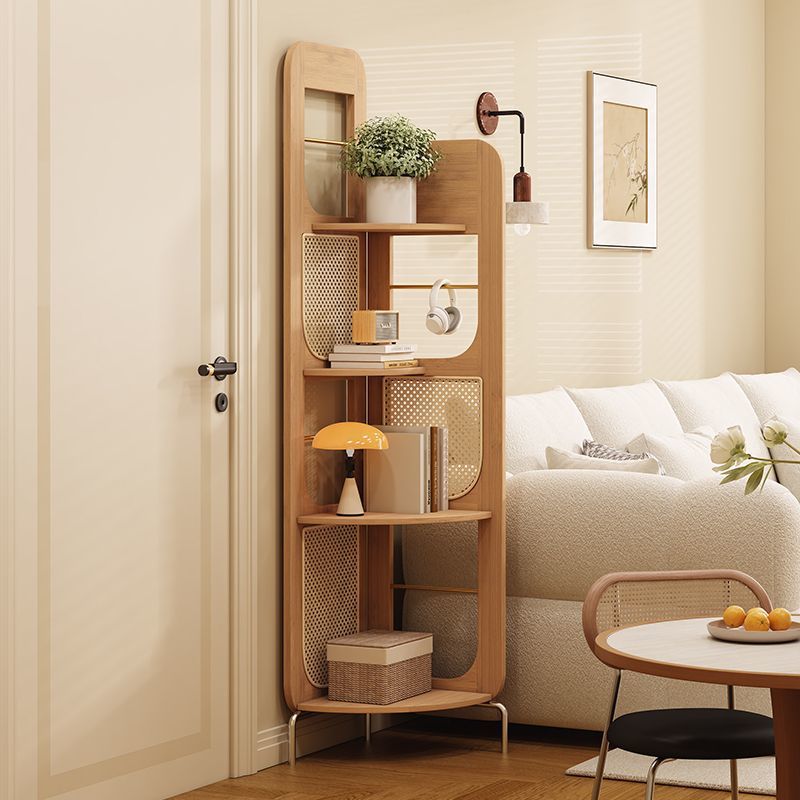 Traditional Chinese Bamboo Rattan Stainless Steel Right Angle Square Arched Storage Shelf 4-Tier For Living Room