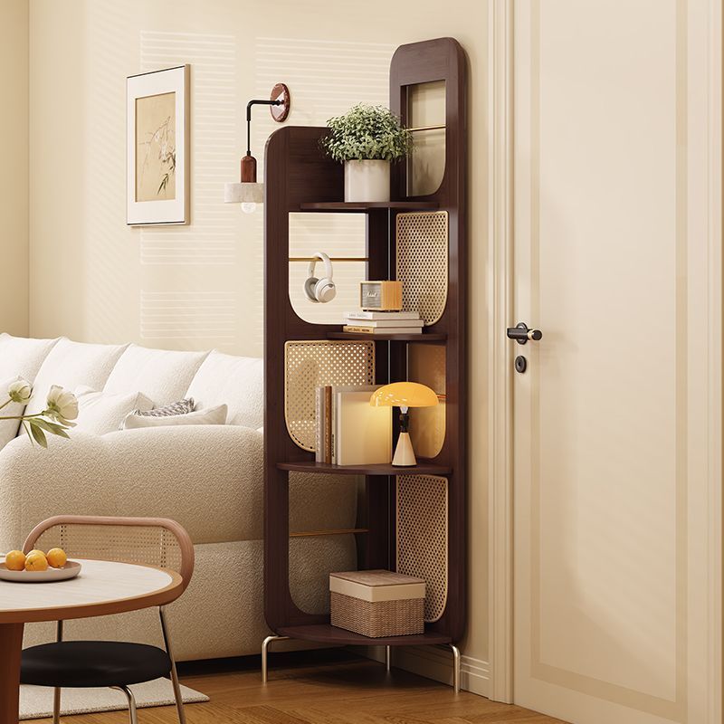 Traditional Chinese Bamboo Rattan Stainless Steel Right Angle Square Arched Storage Shelf 4-Tier For Living Room