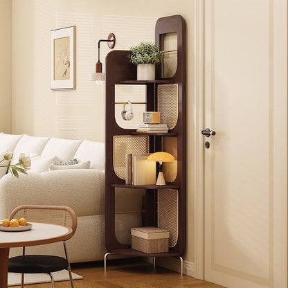 Traditional Chinese Bamboo Rattan Stainless Steel Right Angle Square Arched Storage Shelf 4-Tier For Living Room