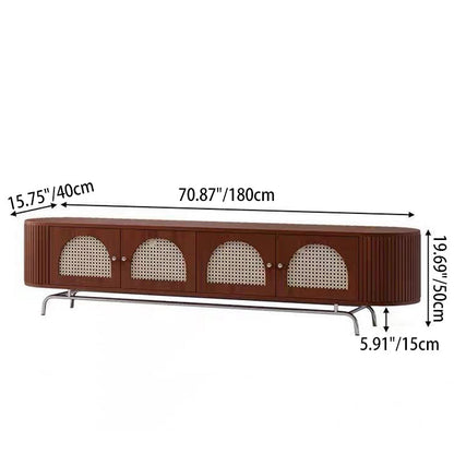 Traditional Chinese Pine Wood Rattan Stainless Steel Long Oval Arched TV Stand 4 Storage For Living Room