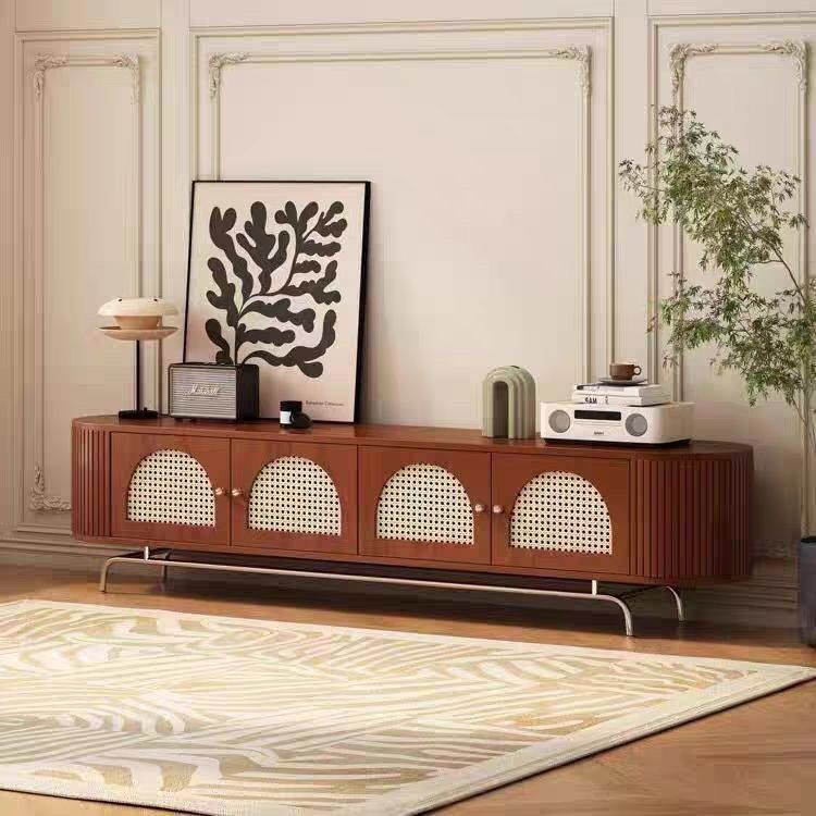 Traditional Chinese Pine Wood Rattan Stainless Steel Long Oval Arched TV Stand 4 Storage For Living Room