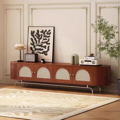 Traditional Chinese Pine Wood Rattan Stainless Steel Long Oval Arched TV Stand 4 Storage For Living Room