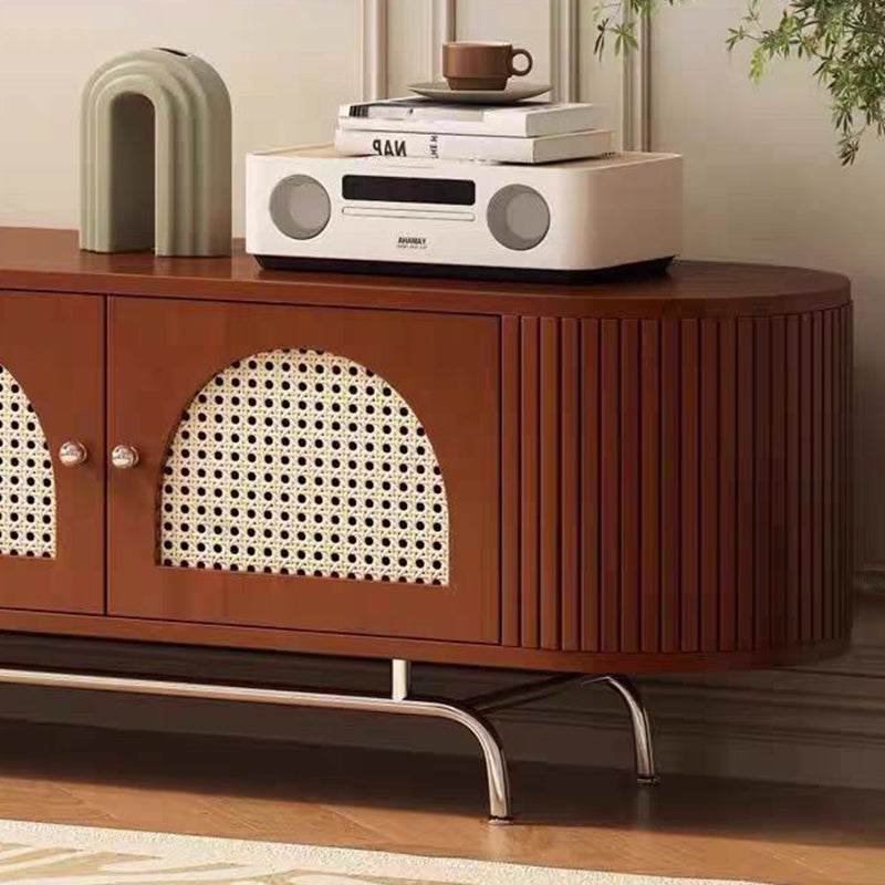 Traditional Chinese Pine Wood Rattan Stainless Steel Long Oval Arched TV Stand 4 Storage For Living Room